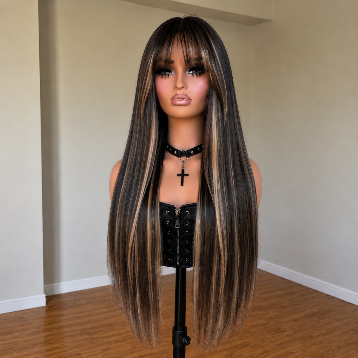 Synthetic Hair Long Straight Dress Up Wigs With Bangs Mixed Brown blonde