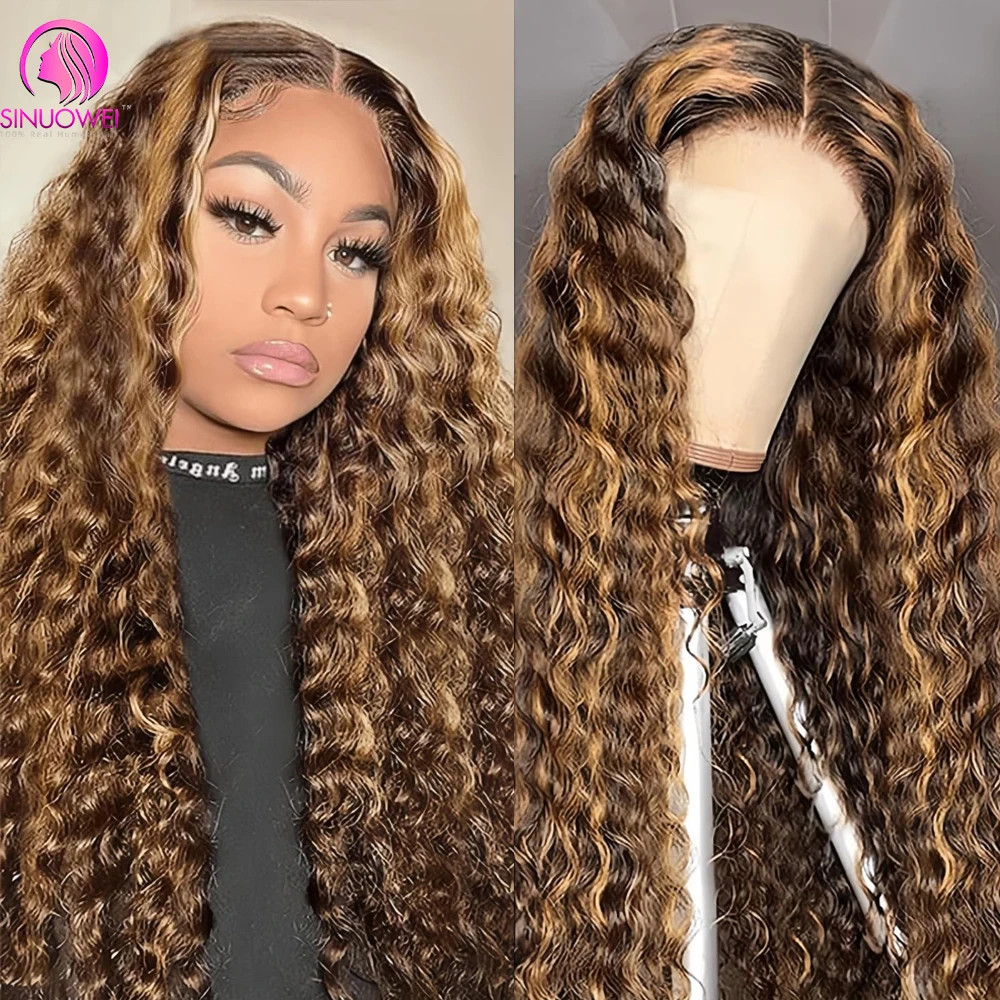 4/27 Highlight Deep Wave Lace Front Human Hair Wig Ombre Transparent Pre Plucked