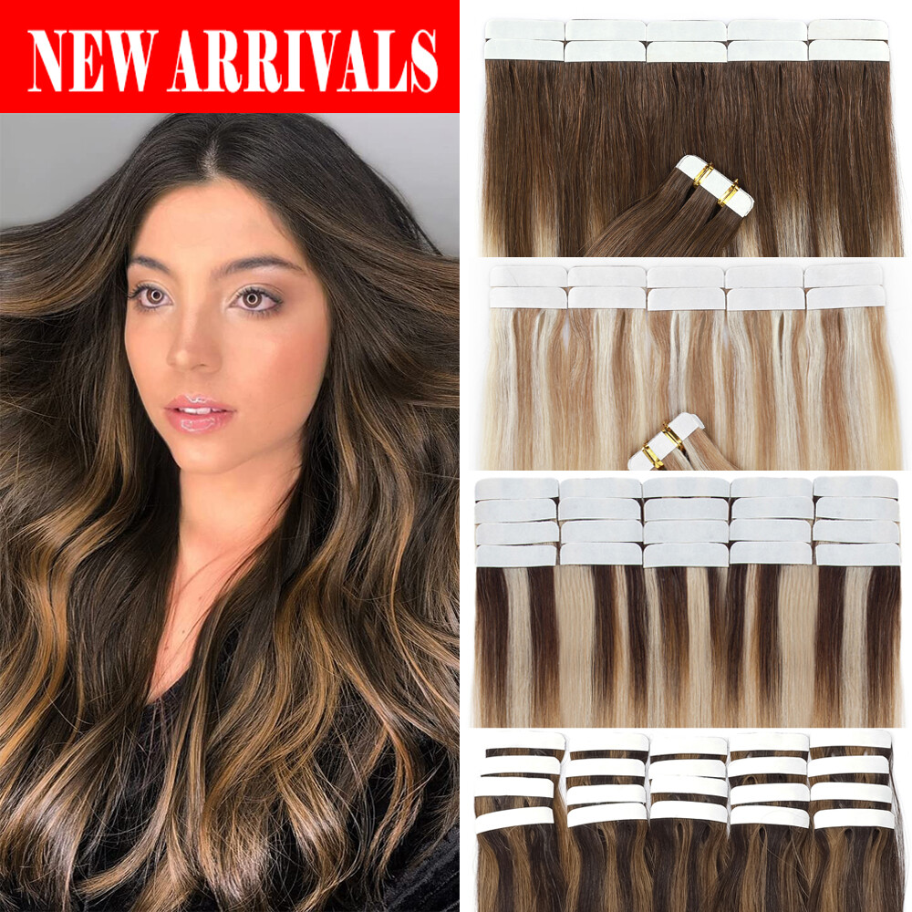 12-24 60PCS Tape In Russian Remy Human Hair Extensions Thick Skin Weft Balayage