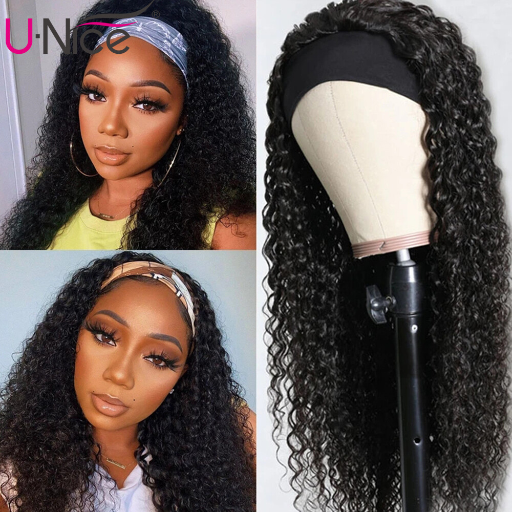 UNice Malaysian Headband Curly Human Hair Wigs 20″ Glueless Easy to Wear and Go