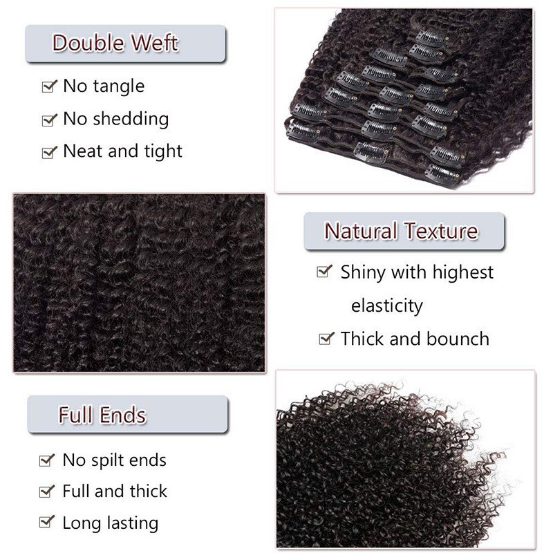 8-24″ Afro Kinky Curly Brazilian Human Hair Clip in Extensions Full Set Black