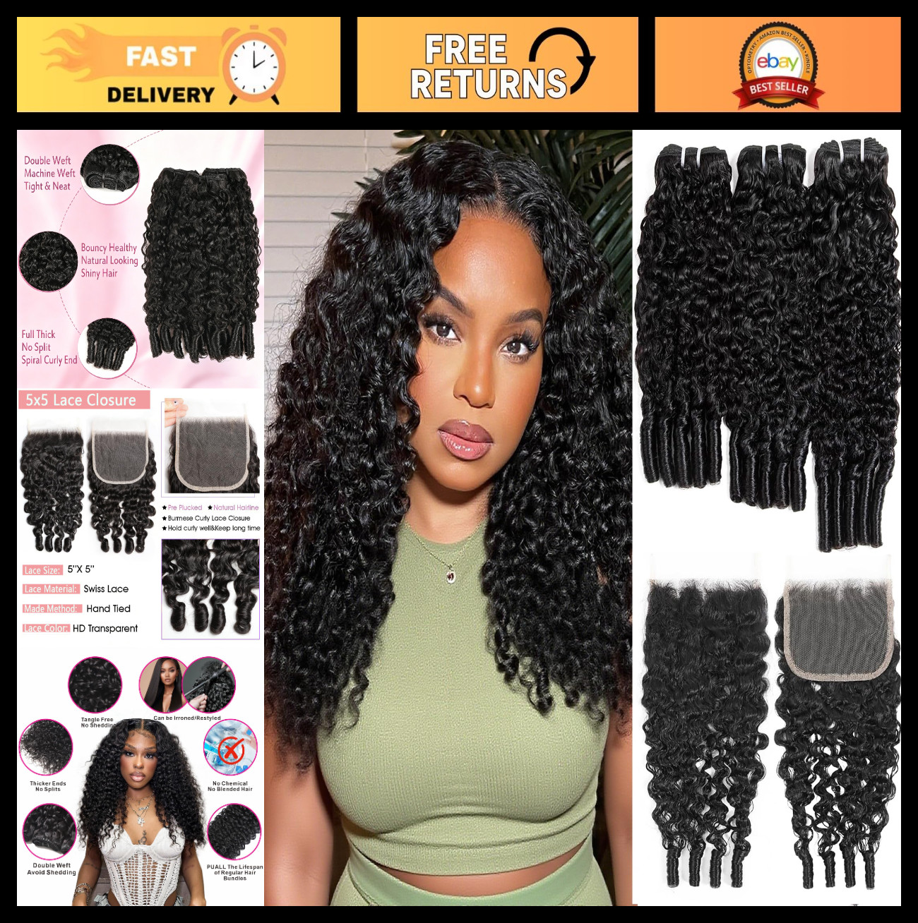 Curly Human Hair Bundles with 5×5 Lace Closure, 16-20 Inch, Brazilian Virgin, Na