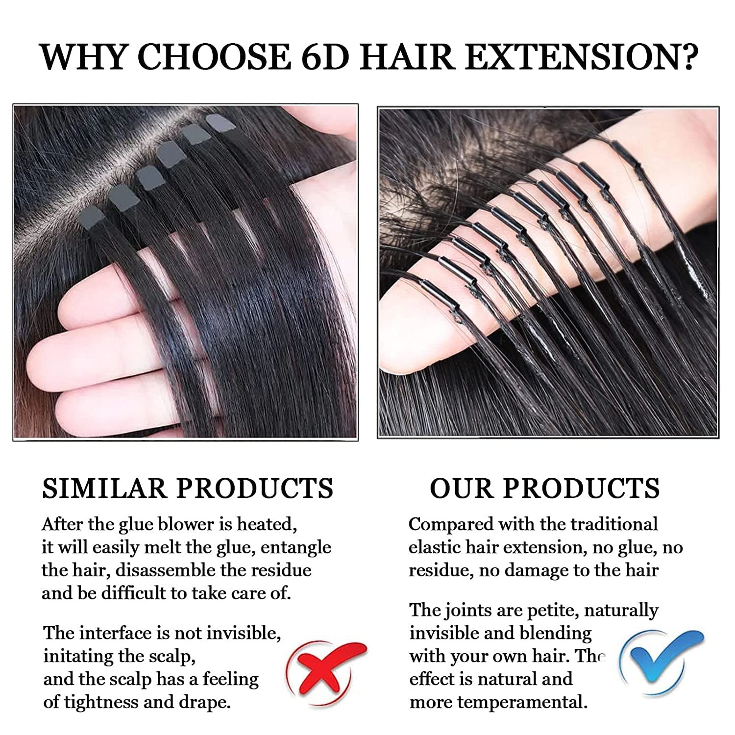 6D Human Hair Extensions – 10pcs/pack Fast Full Head, Can Perm & Dye, No-Trace,