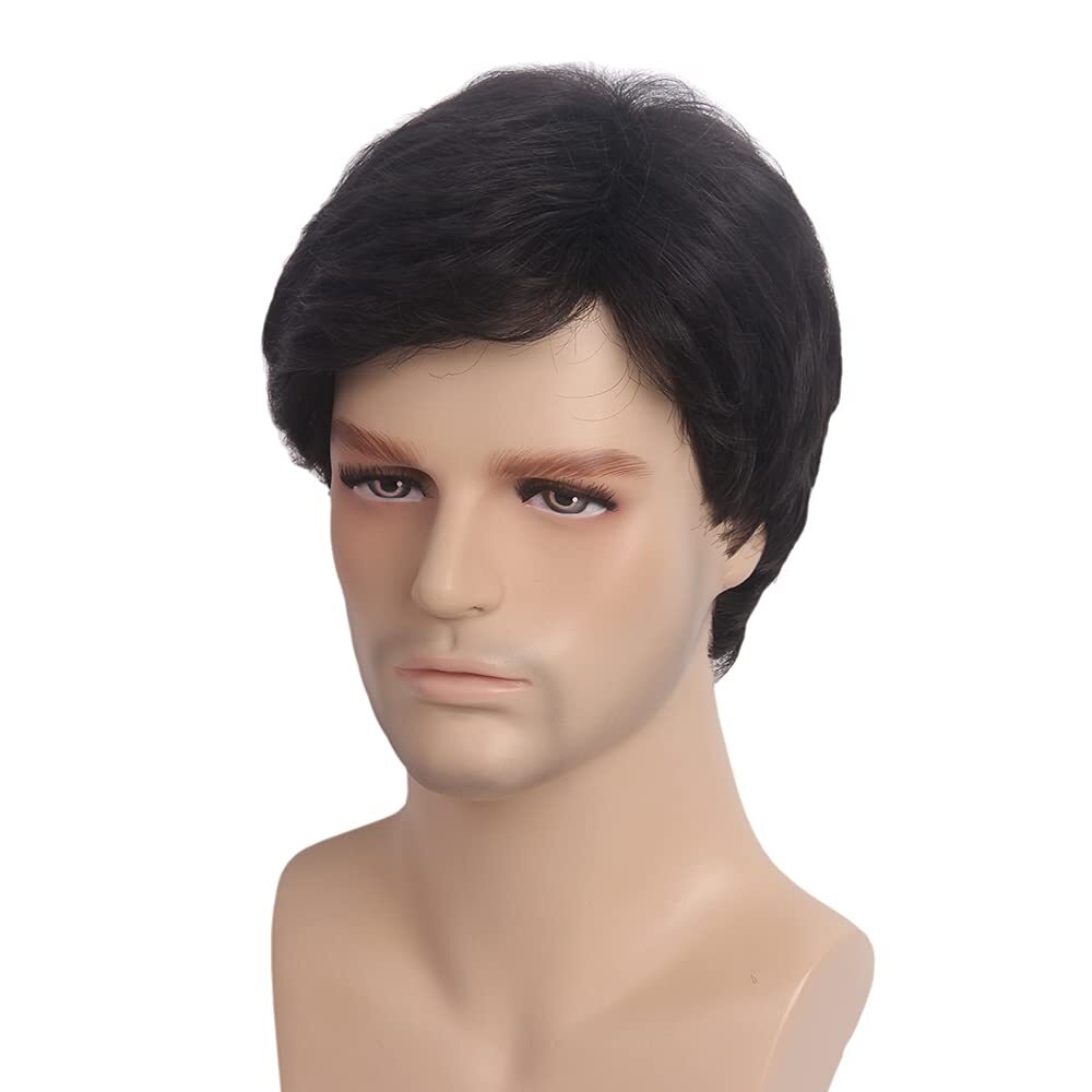 Men’s Black Men Wig Short Full Wigs Little Wavy Synthetic Straight Hair Daily US
