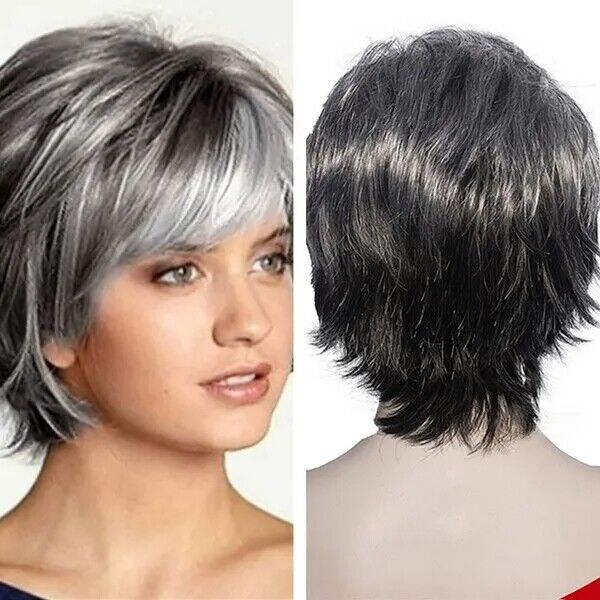 Womens Short Grey Wig Layered Synthetic Heat Resistant Pixie Hair Wig Daily US