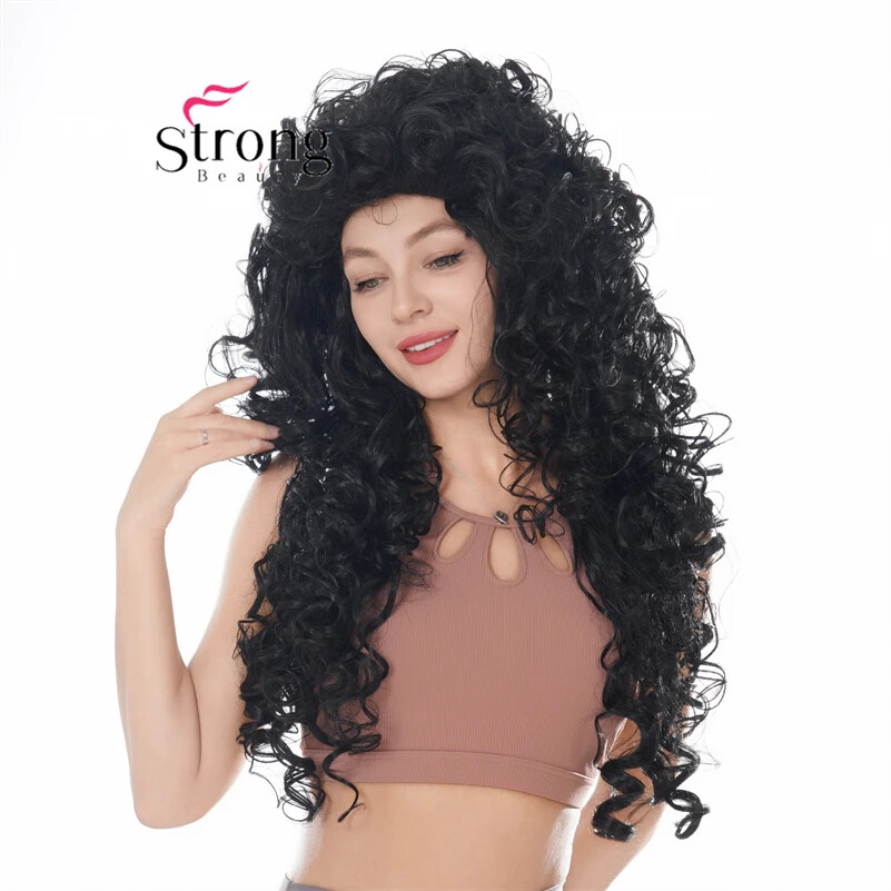 30″ Long Thick Curly Black Classic Cap Full Synthetic Wig