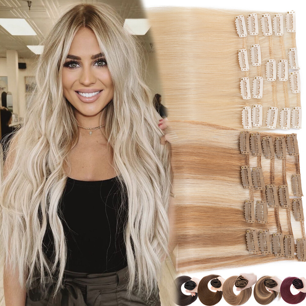 100% Soft Clip In Real Remy Human Hair Extensions Full Head 8Piece Balayage Long