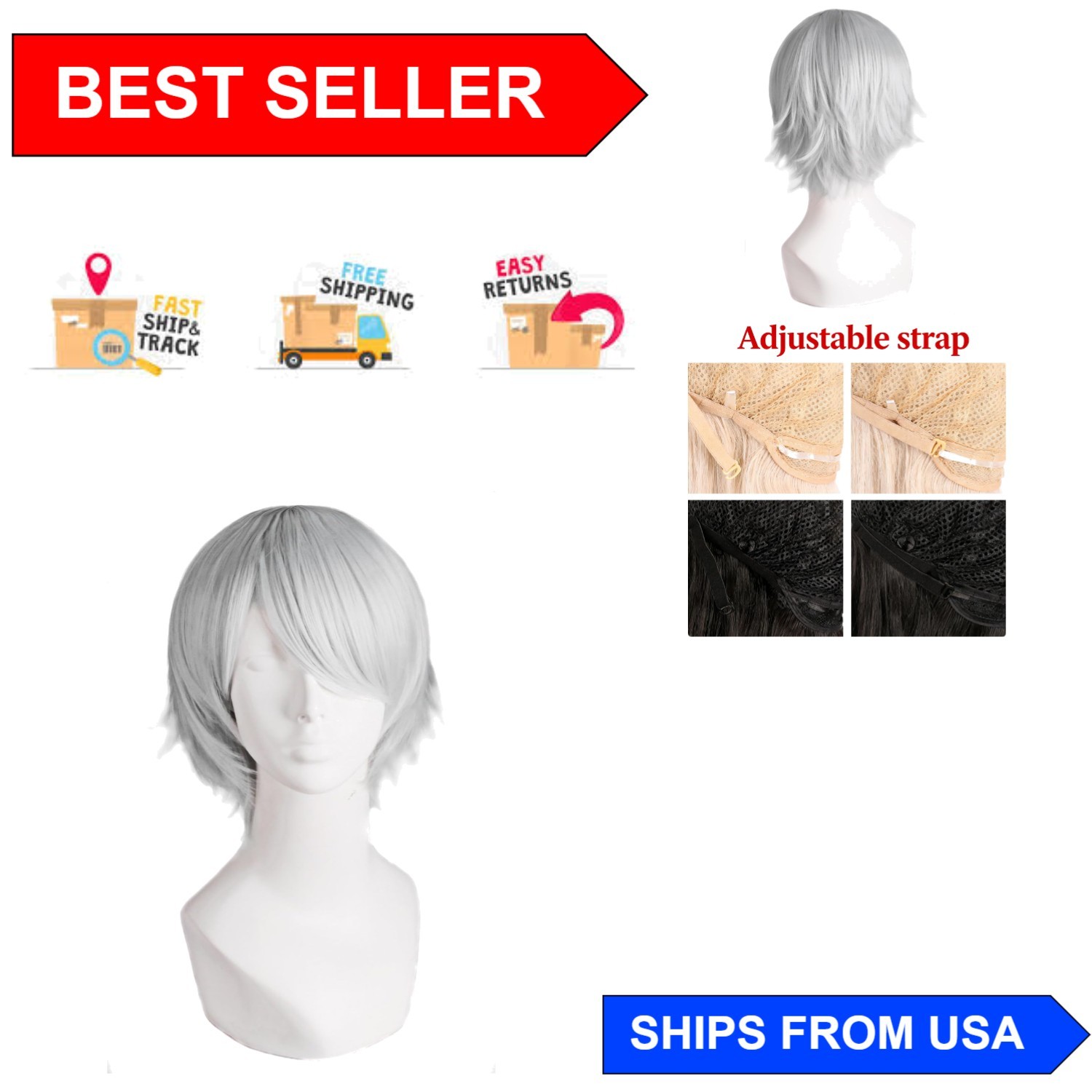 High-Temperature Fiber Silver Grey Straight Wig – Adjustable Cap for Comfort