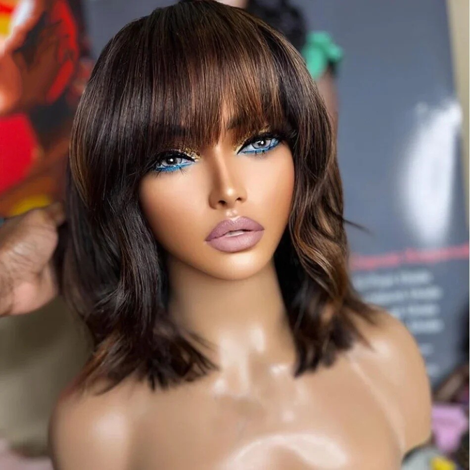 Natural Wave Short Bob Human Hair Wigs Full Machine Made Wig With Bangs