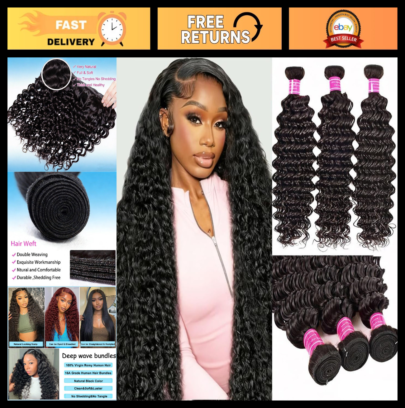 20″ Deep Wave Human Hair Bundles – 100% Unprocessed Brazilian Virgin Curly Weave