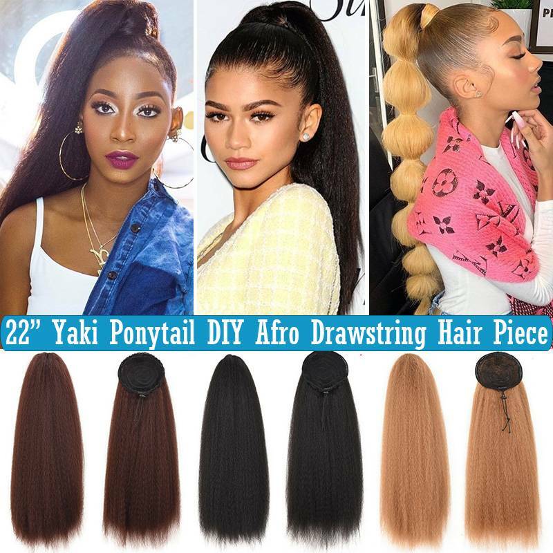22″ Drawstring Natural Yaki Ponytail Kinky Real THICK As Human Hair Extensions