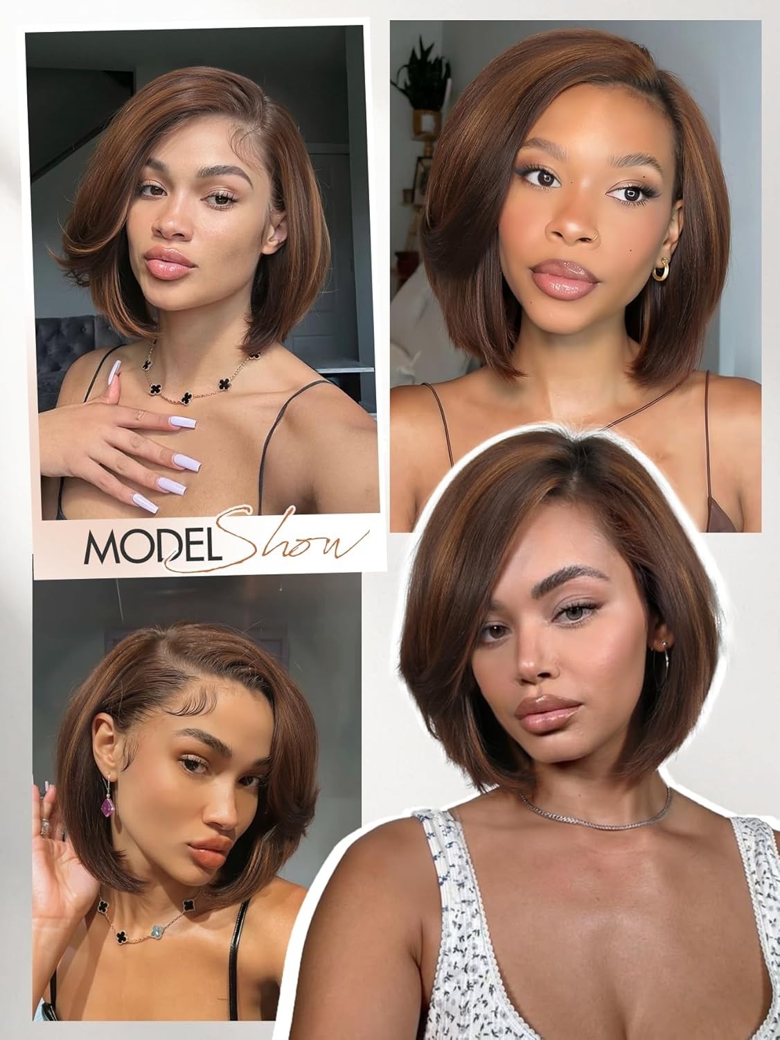 12″ Mixed Brown Straight Bob Wig for Women Daily Wear 109E555691