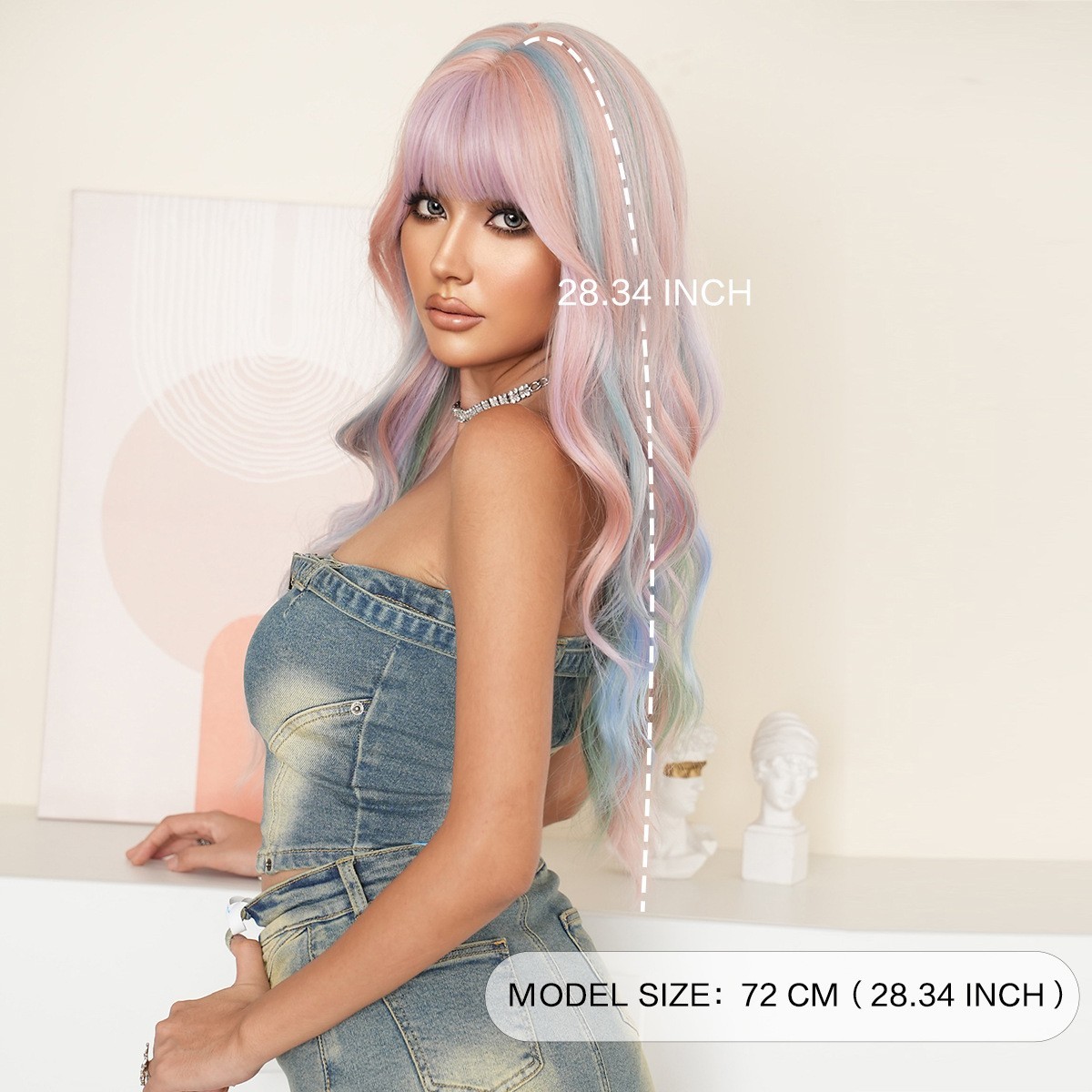 Y2K Lolita Synthetic Hair Wig Rainbow Cosplay Party Long Curly Wig with Bangs