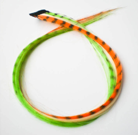 4 for 20 Halloween fall hair feather extension clip ins – green, orange, blonde