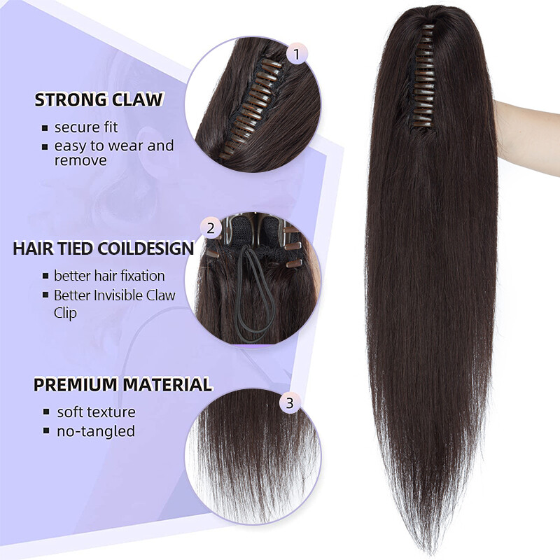 Ponytail Extensions Claw On/Clip In 100% Real Remy Human Straight Long Hair 22IN
