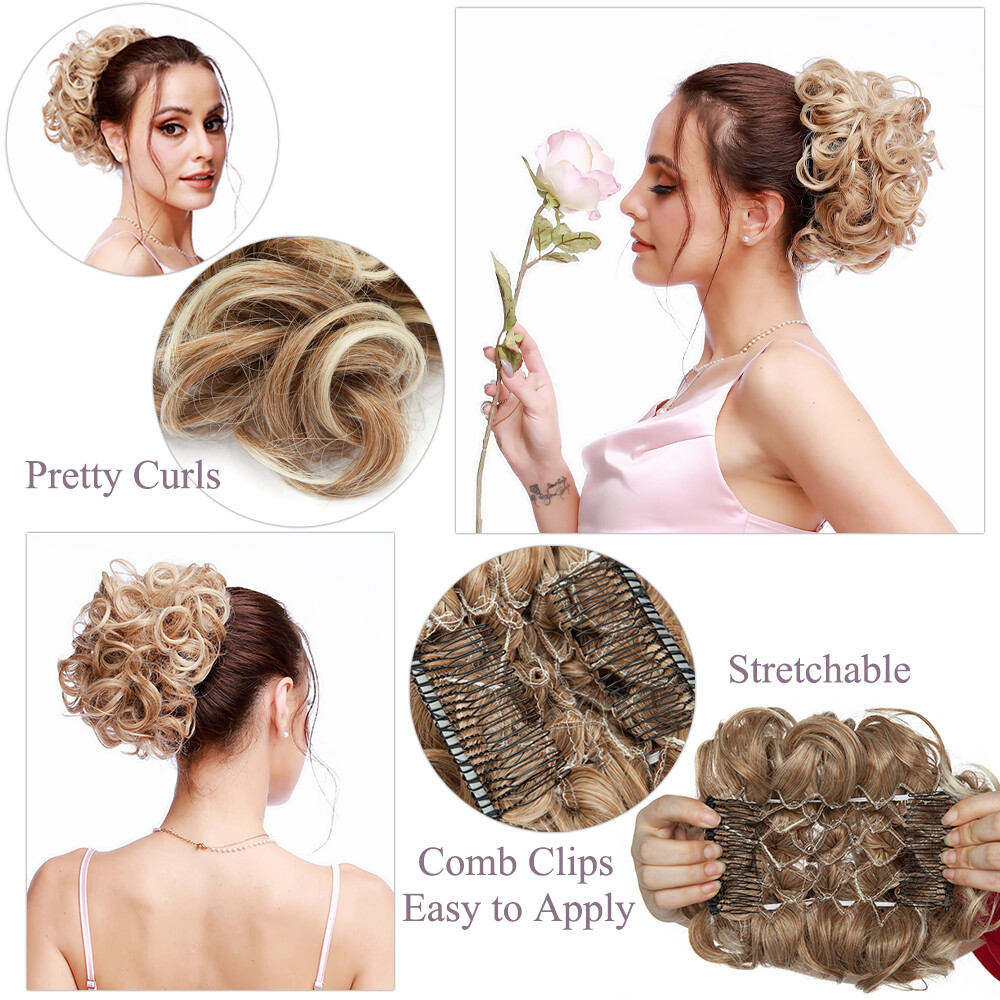 Wedding Short Curly Bun Hair Piece Comb Clip In Chignon Hair Extensions Woman US