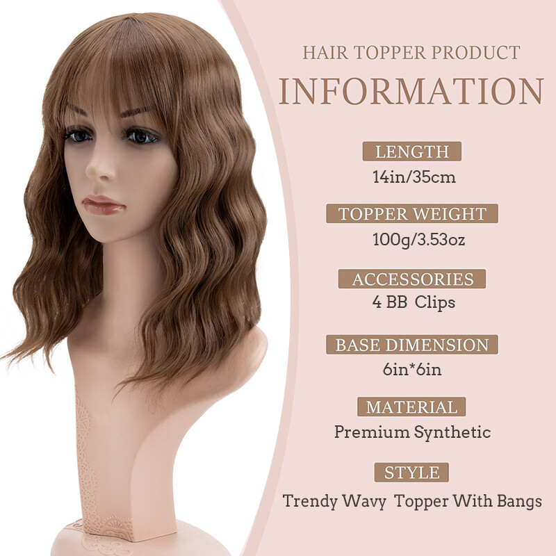 Thick Clip In Topper Hair Extensions Wavy Hairpiece With Bangs Natural as Human