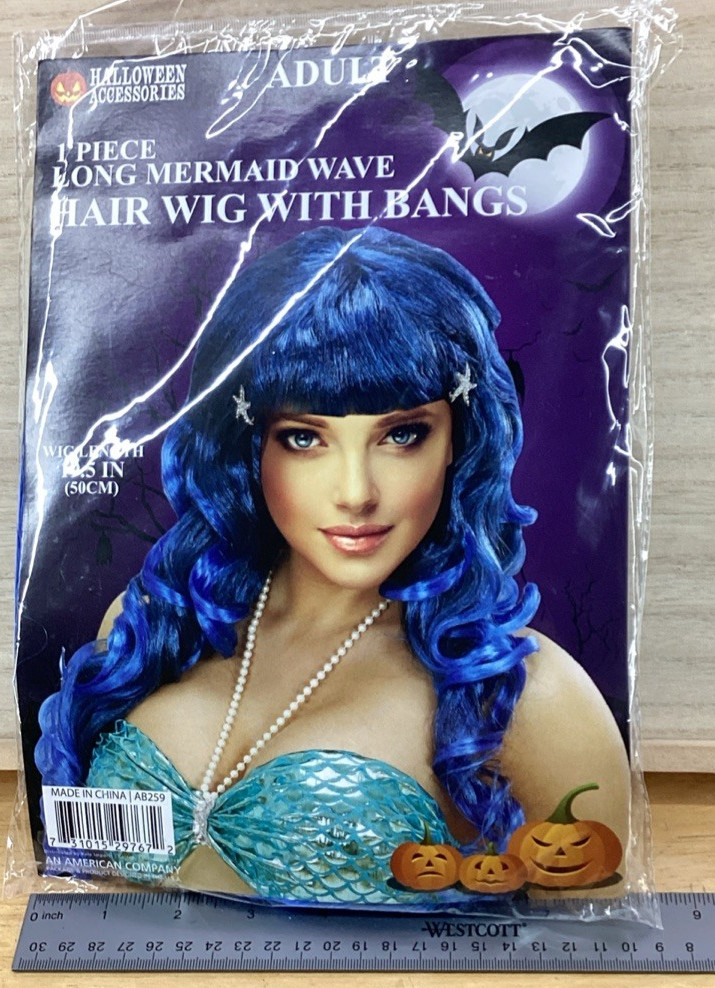 Halloween Long Mermaid Wave Hair Wig With Bangs – Blue