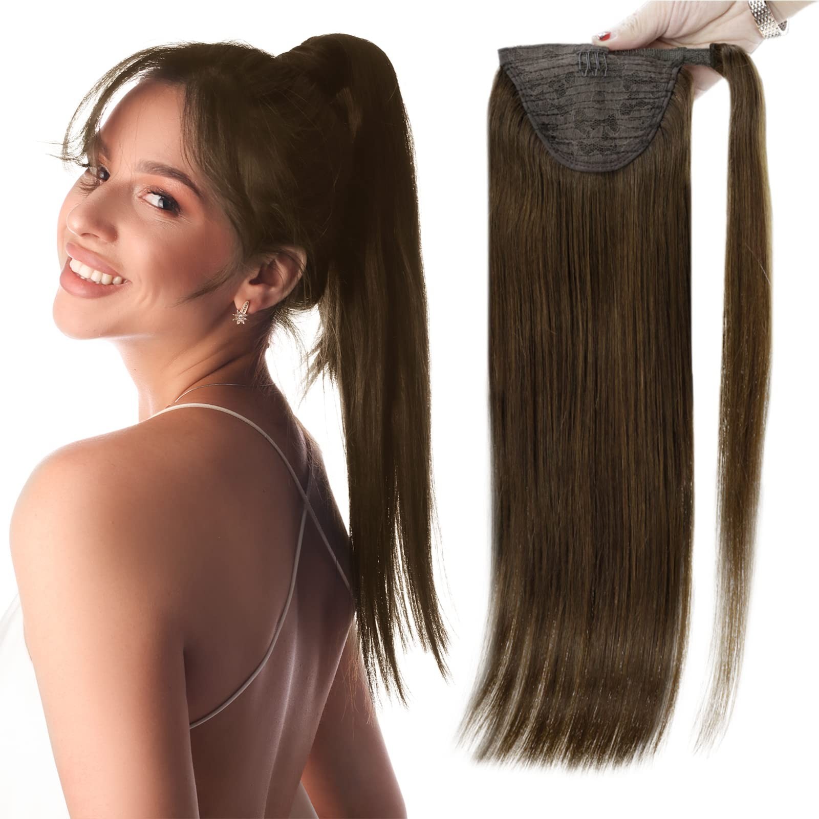 Real Hair Ponytail Extensions Clip-In 20″ Medium Brown Straight 80g – Natural Lo