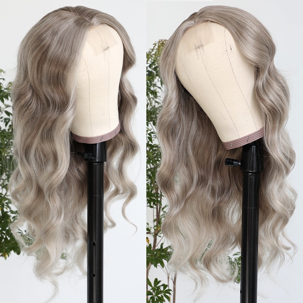 Long Wavy Synthetic Wig Mixed Brown Blonde Color Hair Highlight Lace Front Wigs
