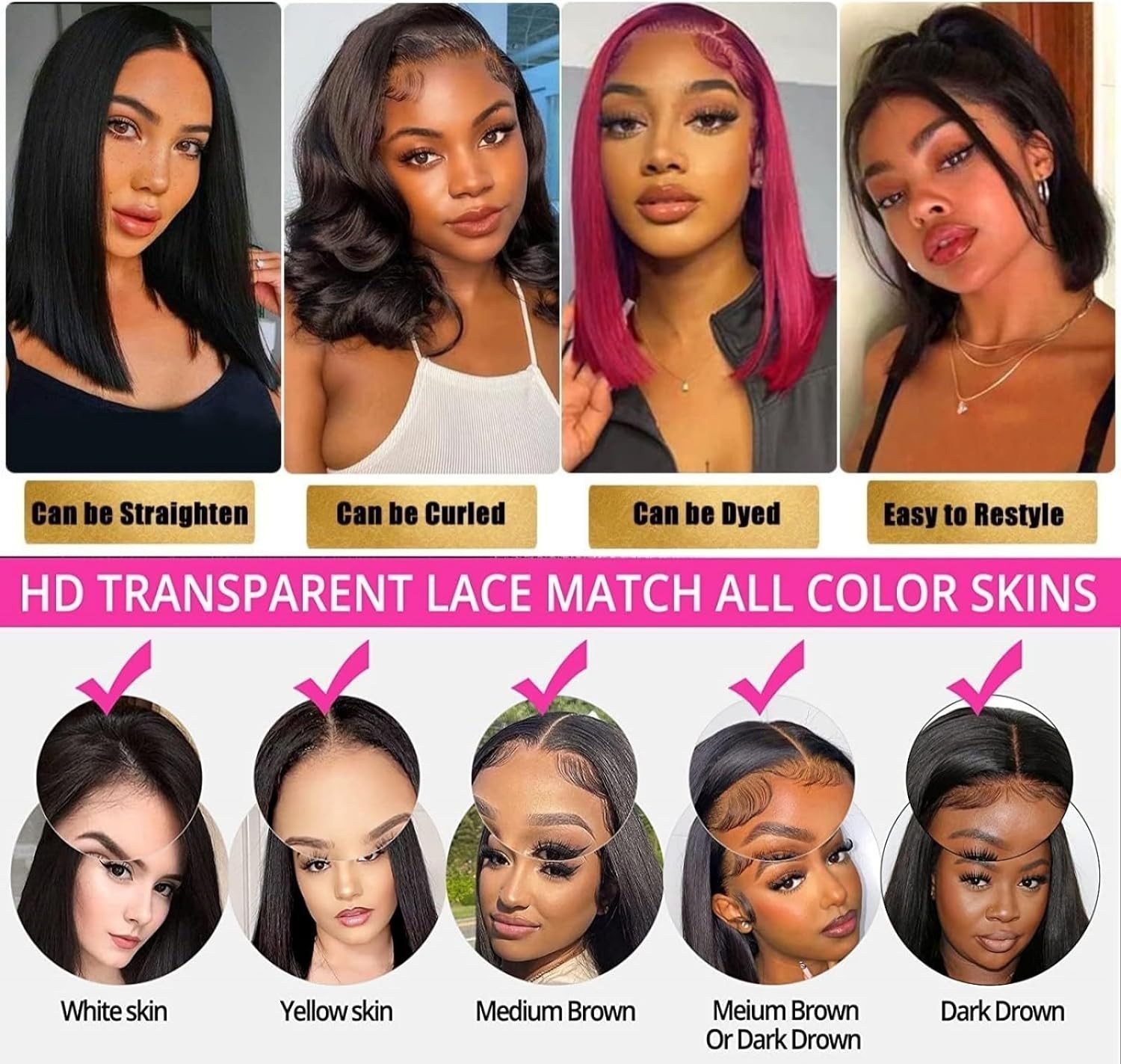 10~16″ HD Front Synthetic Hair Bob Wig Glue-Free,Baby Hair 180% Density US