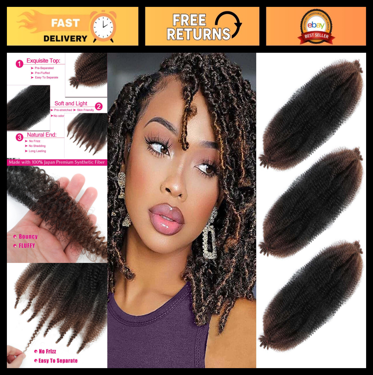 12″ Springy Afro Twist Hair Extensions – Pre Fluffed & Stretched, 3 Packs, Soft