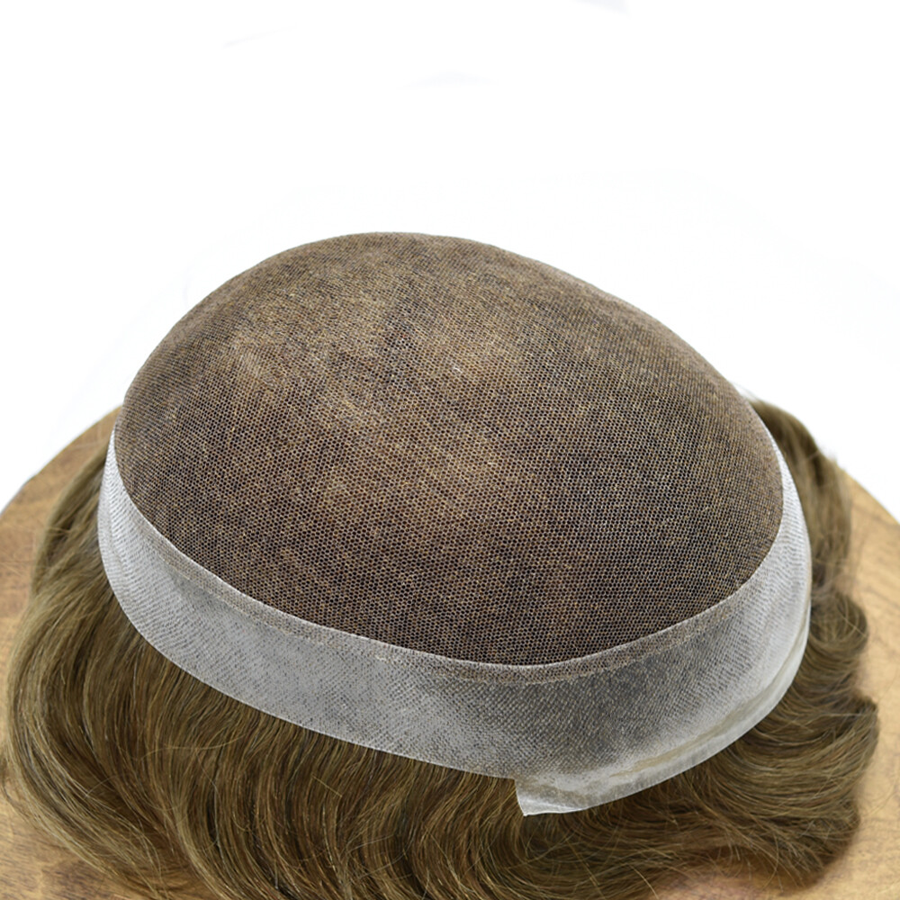 Mens Toupee French Lace Poly PU Hairpiece Wig Soft Human Hair System Replacement