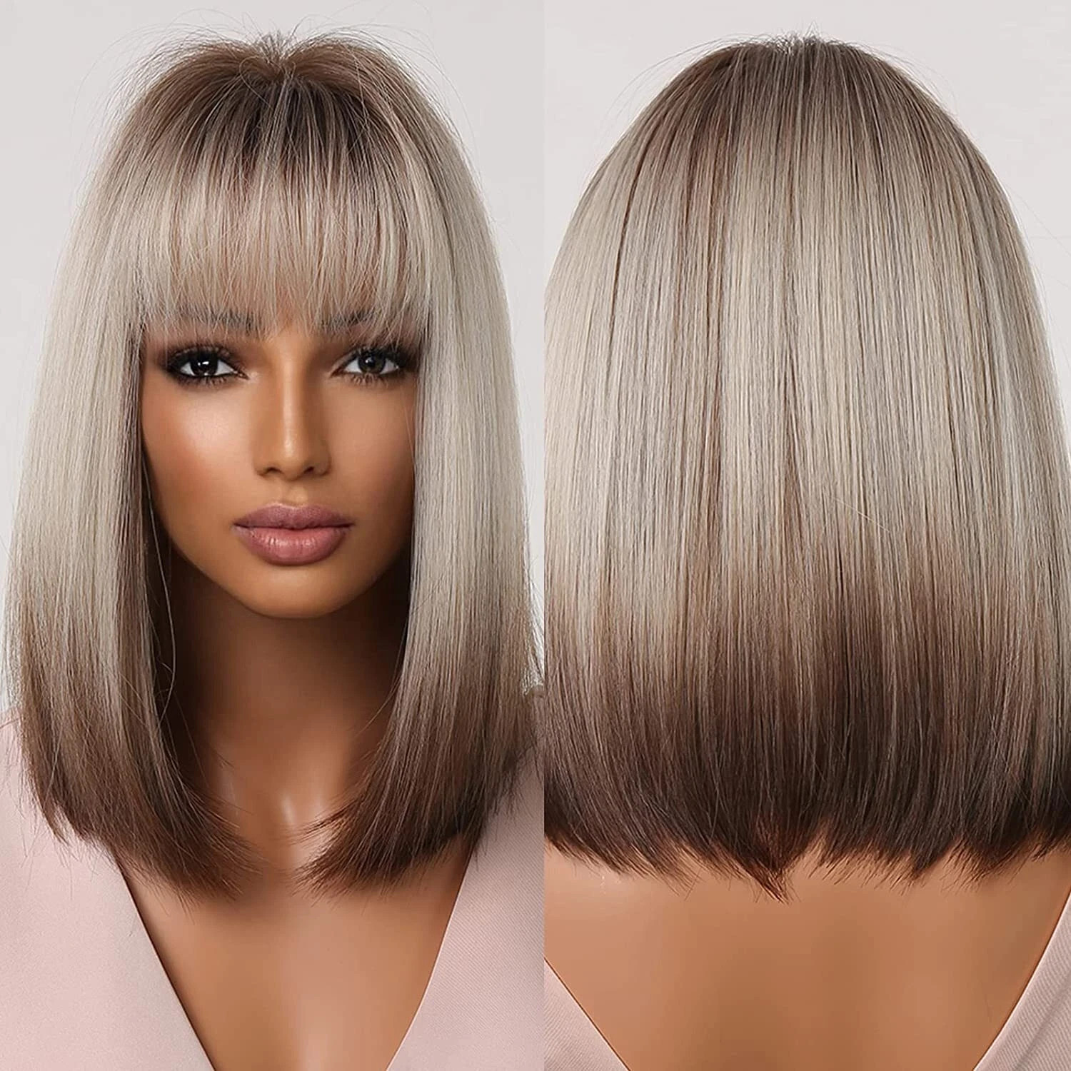 Brown Ash Blonde Ombre Bob Wigs for Women Cosplay Wig with Bangs Dark Roots Natu
