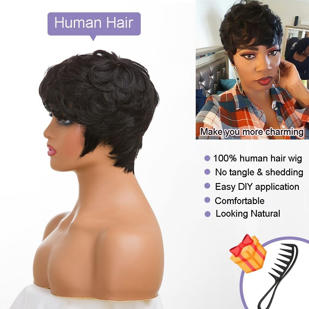 Human Hair Wigs Black Short Curly Pixie Cut with Bangs for Women