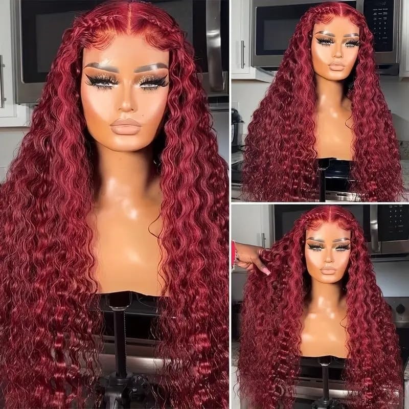 mdgfge 26 Inch Burgundy Deep Wave Lace Front Wigs Synthetic Human Hair Pre