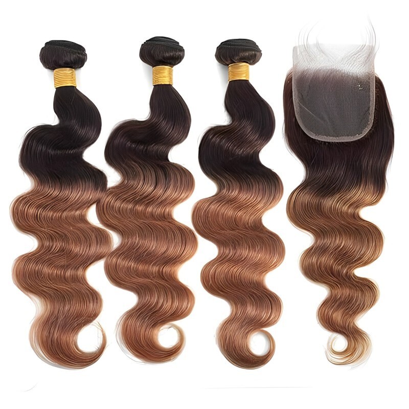 16″ 18″ 20″ Ombre Body Wave Human Hair 3 Bundles + 14″ Closure