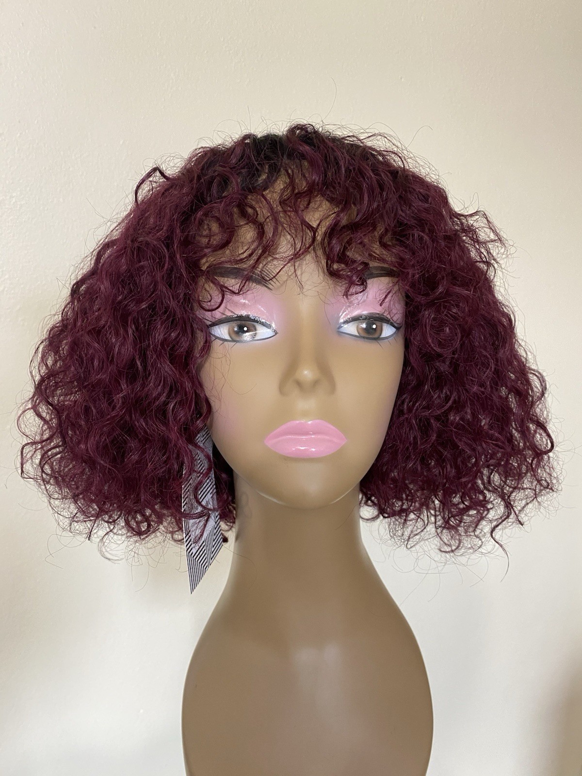 Curly Human Hair Bob Wig with Bangs Ombre Burgundy TT1B/99J Non Lace Glue-Less