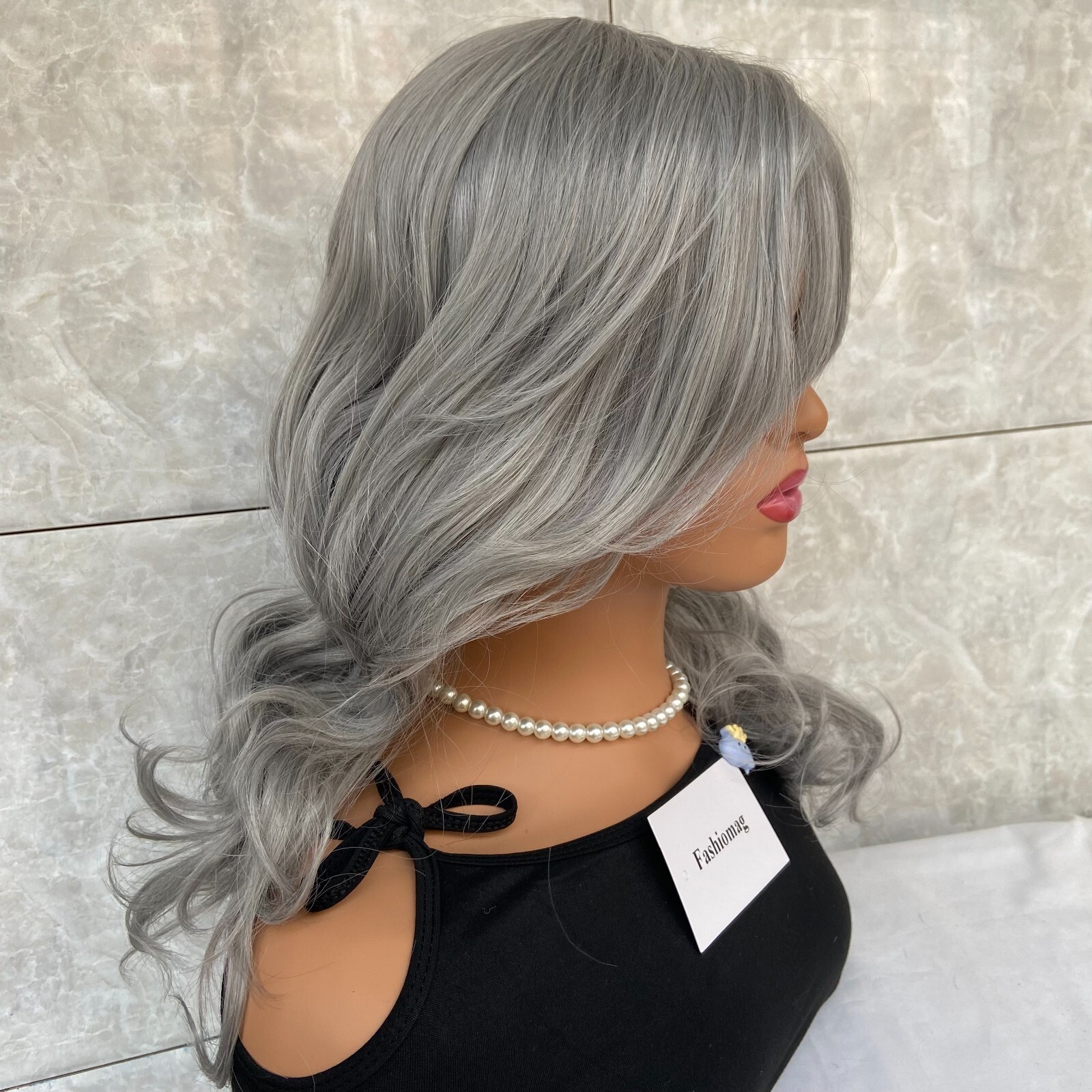 Long Wavy Soft Human Hair Blend Heat Ok Wigs Women Grandma Gray Natural