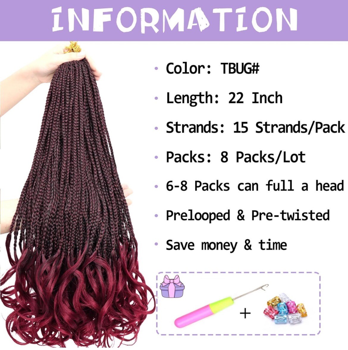 French Curl Crochet Braids 22 Inch 8 Packs Goddess Box Braids Crochet Hair1B/BUG