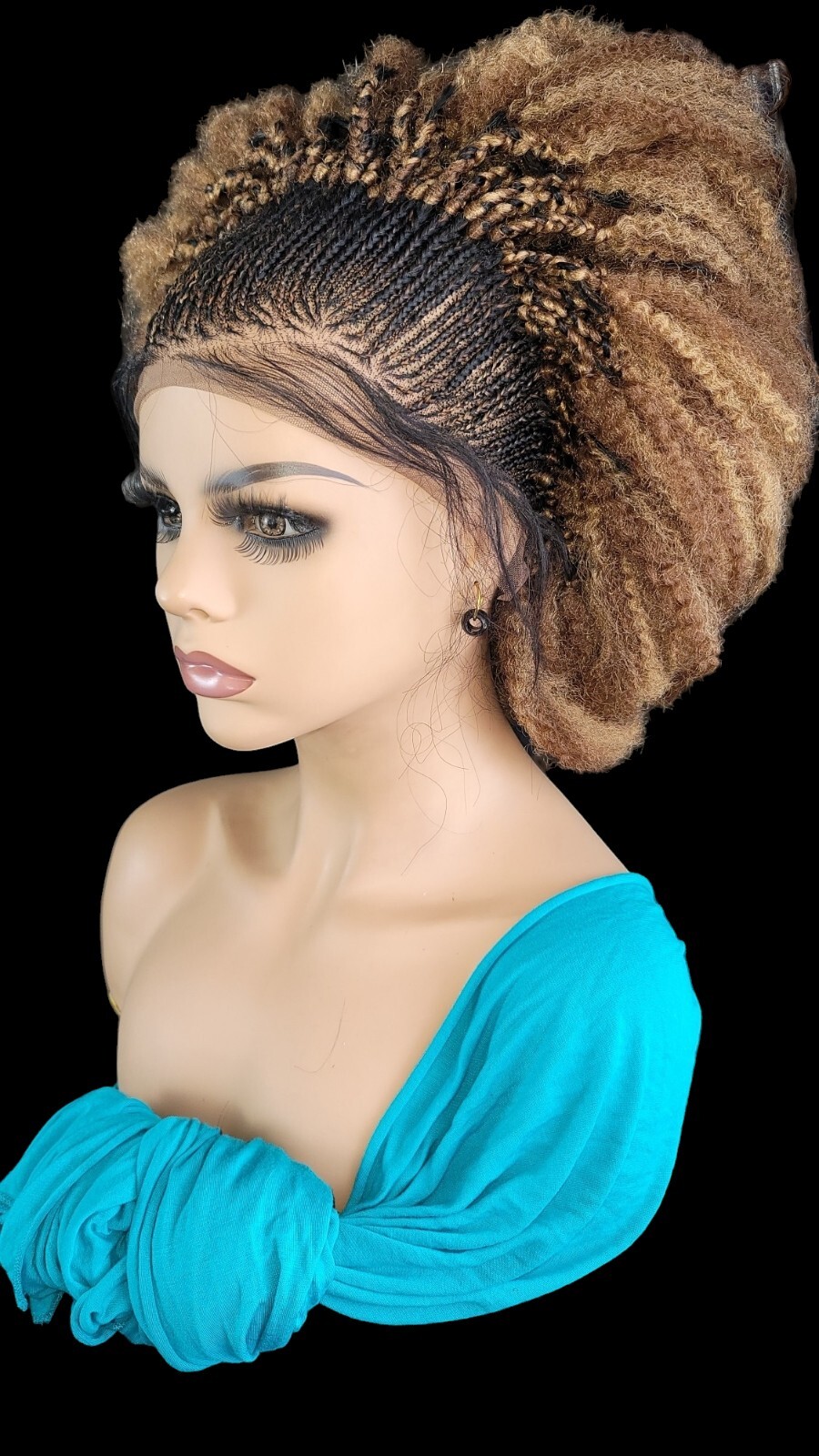 Braided Wig Short Afro Kinky Curly Auburn Brown Lace Front Glueless Baby Hair 6″