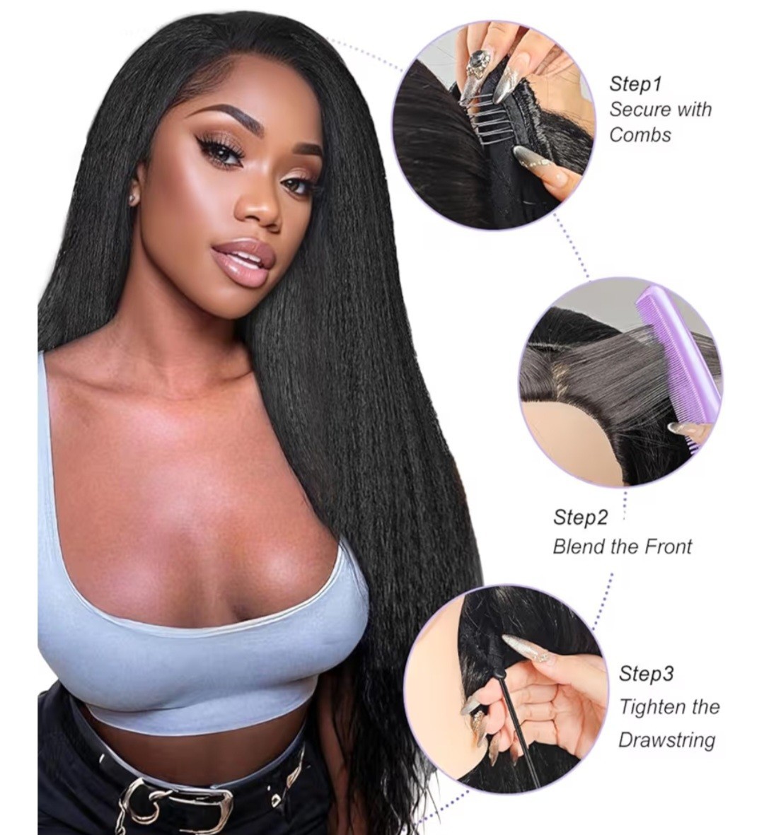 Invisible Hairline Straight Black Wig Combs Drawstring One Size Fashion