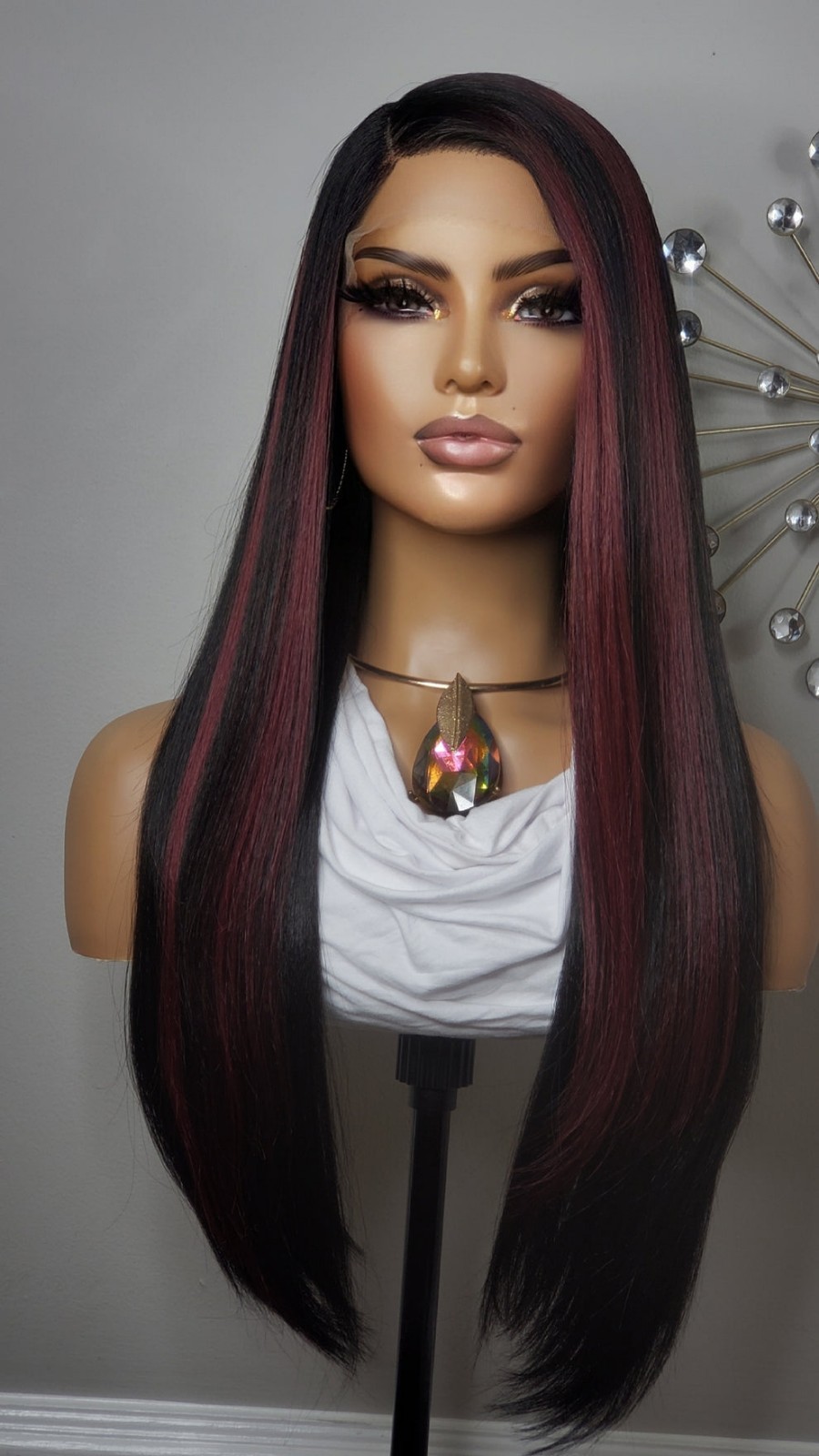 New Long Straight Style Burgundy Red Black Highlights Lace Front Wig Womens Hair