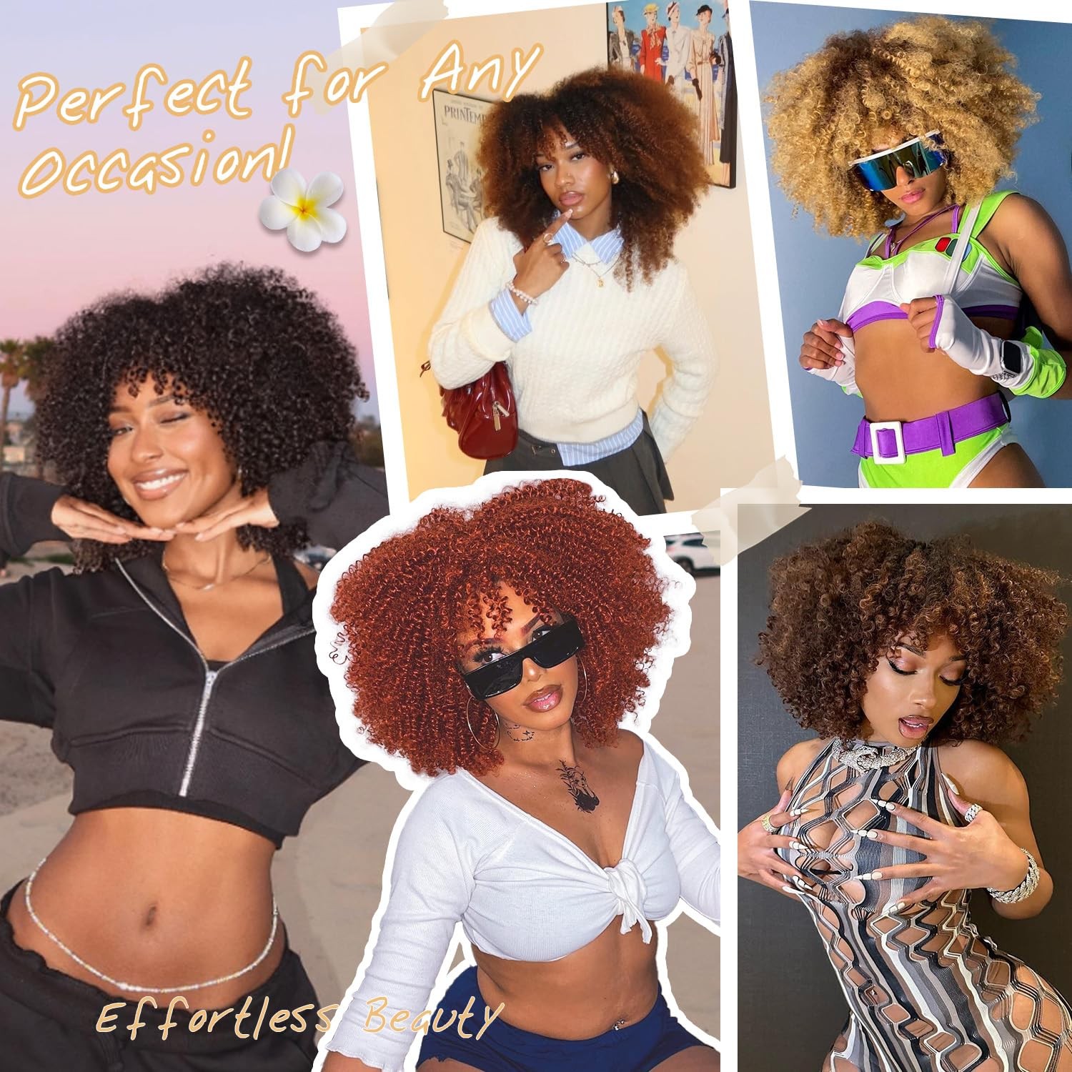 Ombre Brown Afro Curly with Bangs 14 Inch Short Synthetic Afro Black Kinky