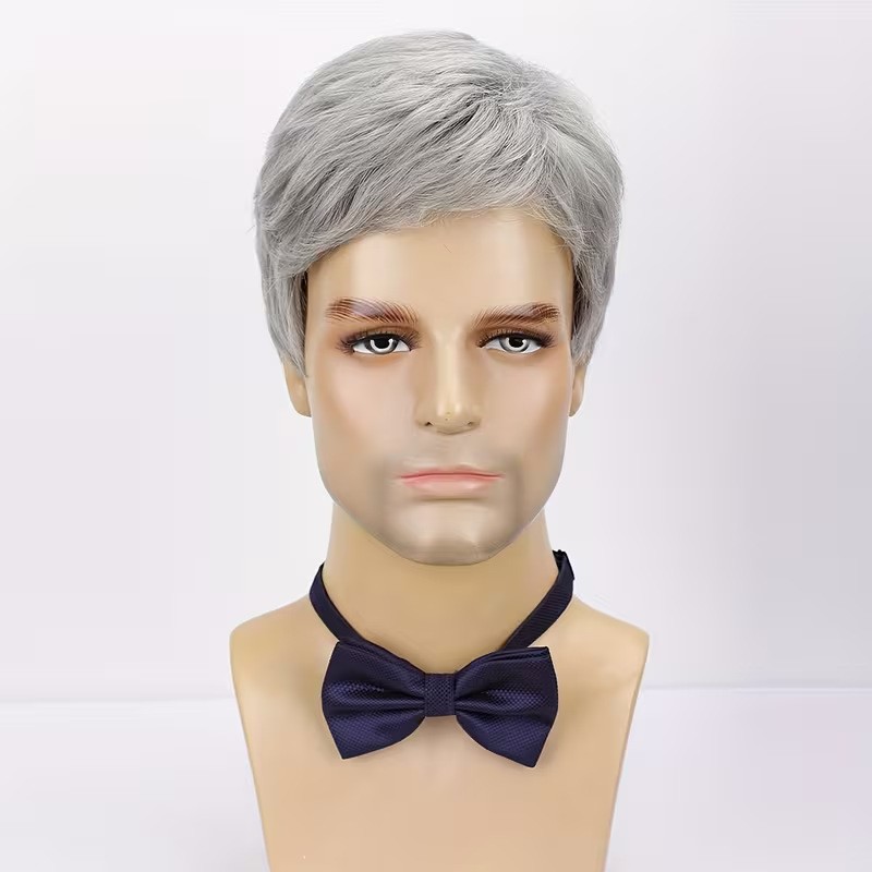 Men Grey Wig Gray Layered Short Beanie Hairpiece Dress Up Universal Cosplay Wigs
