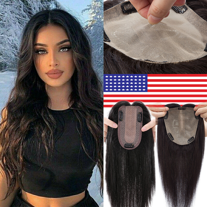 15×15 Clip In Women Topper REAL Human Hair Clip In Large Silk Base Hairpiece US