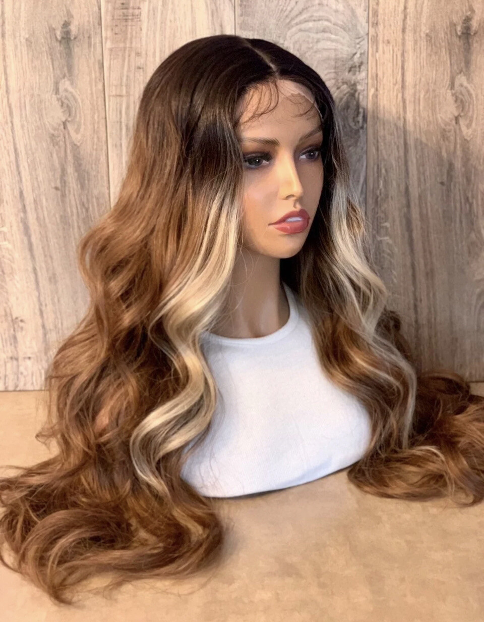 Brown Blonde Highlights Bodywave Lace Front Wig Heat Ok