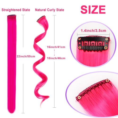 10 PCS Hot Pink Hair Extensions Clip in Kid’s Party Highlights, 10 PCS-Hot Pink