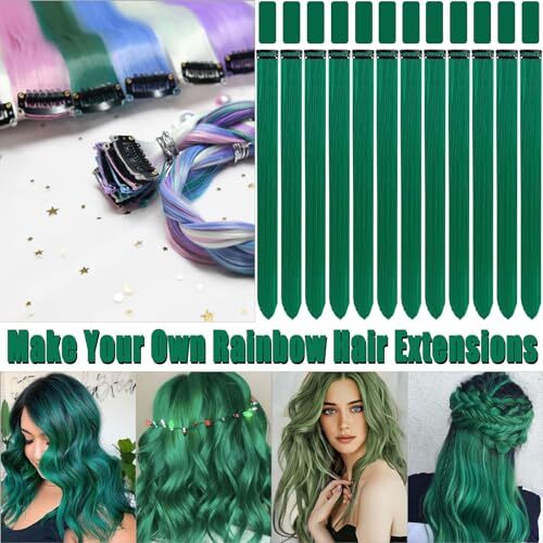 20 Inch Colored Green Hair Extensions Party Highlights 12 PCS-Dark Green