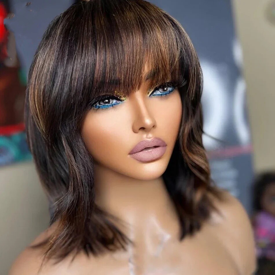 Natural Wave Short Bob Human Hair Wigs Full Machine Made Wig With Bangs