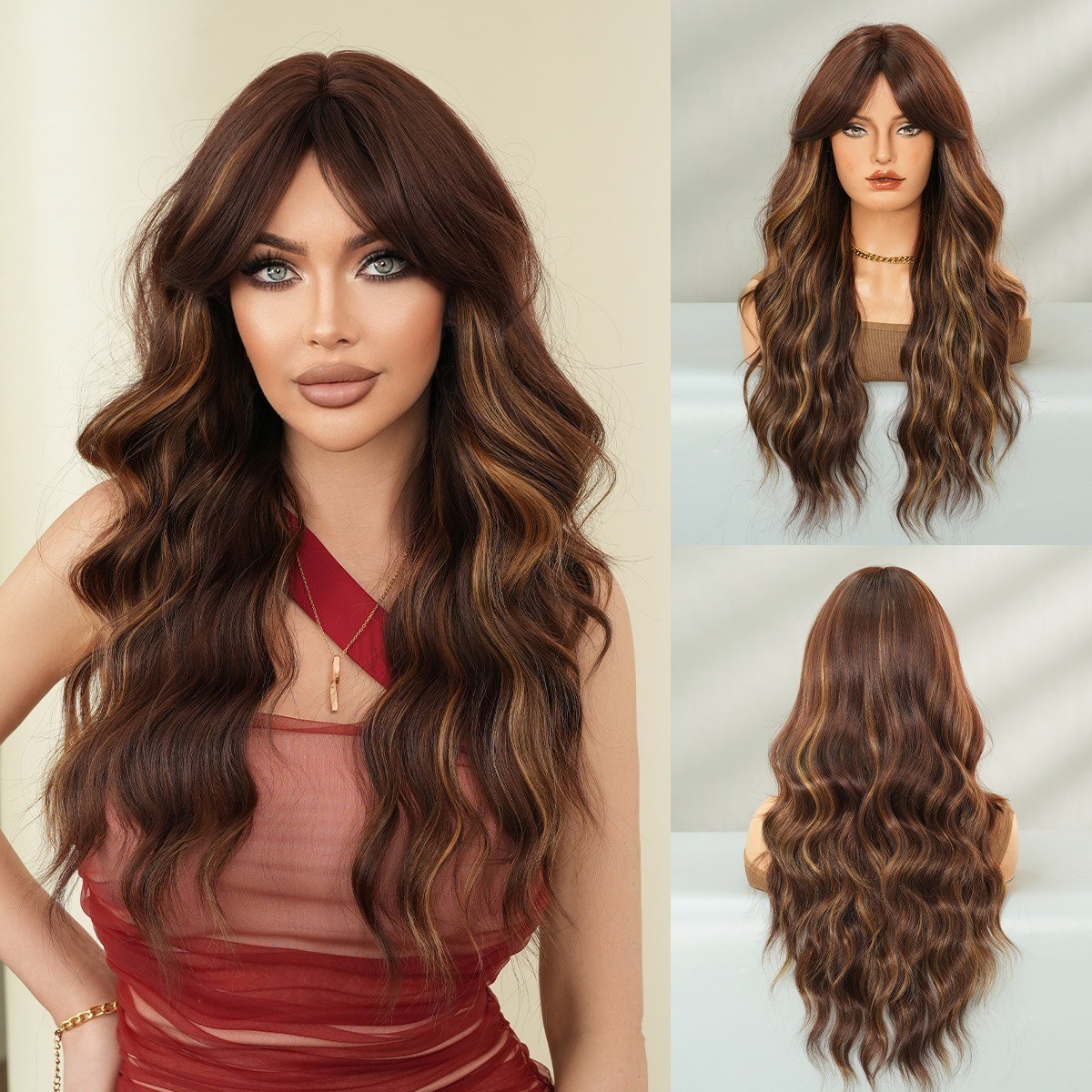 Bronze-golden long curly hair full head cover made of synthetic fiber with waves
