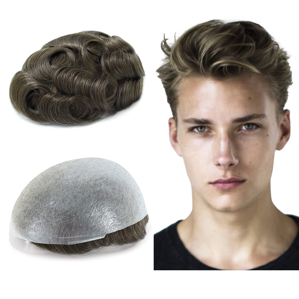 Toupee For Mens Human Hair Replecement System 0.03mm Super Thin Skin Brown 7×9