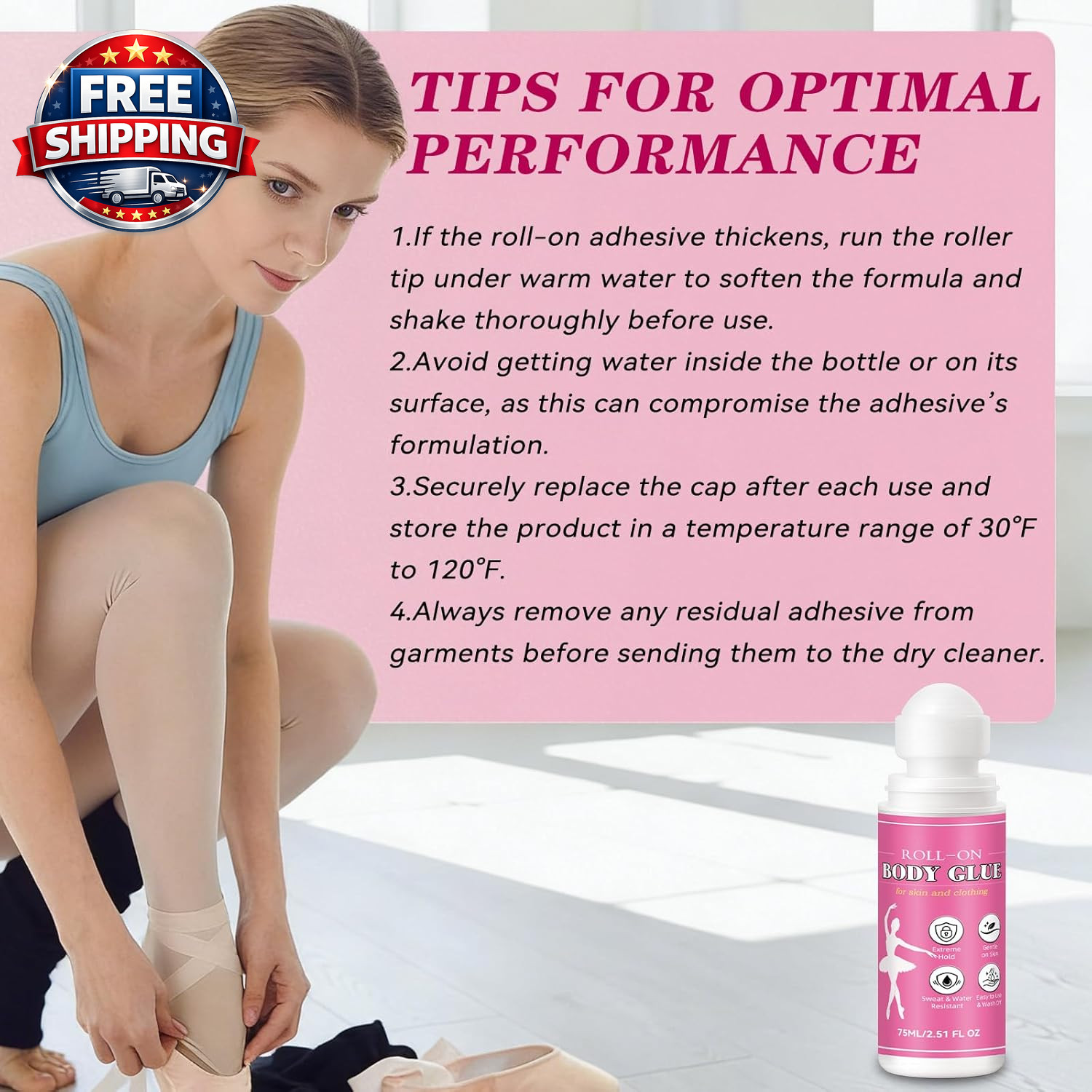 Body Glue for Clothes & Skin 2.54 Oz, Roll-On Body Adhesive, Sweat Resistant, Sk