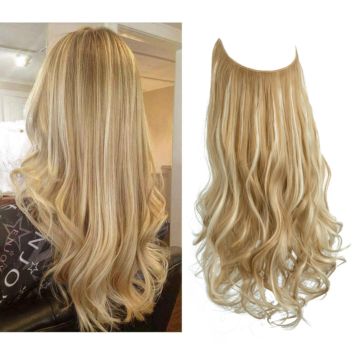 Synthetic No Clips Hair Extension Ombre Black Blonde Pink Long Wave