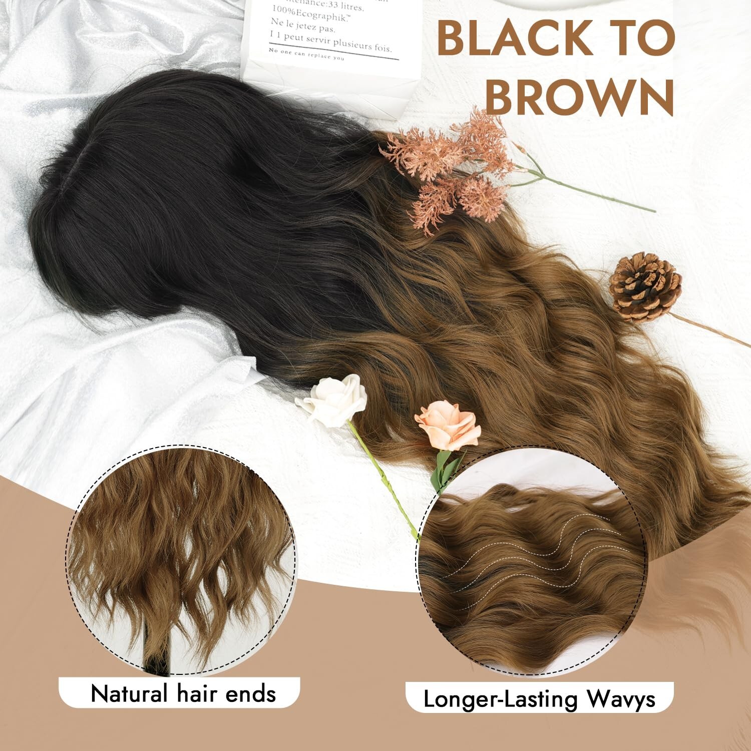 Black To Brown Wig with Bangs Long Wavy Synthetic Wig for Women with Daily Pa…