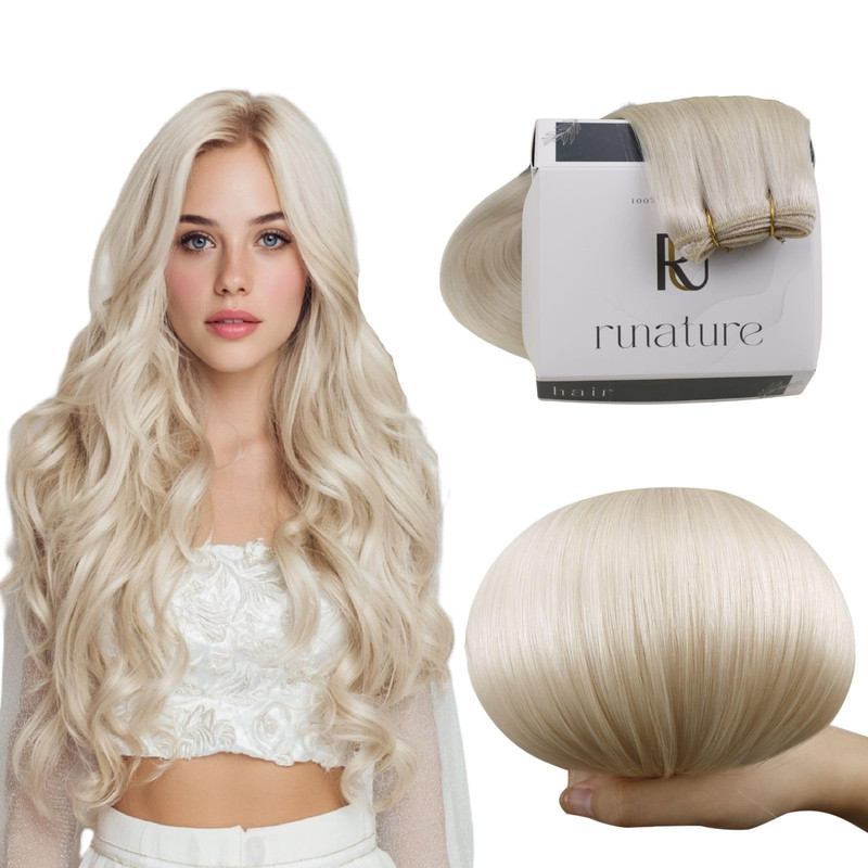 Runature Blonde Weft Hair Extensions Human Hair800 Ice Blonde14 Inch